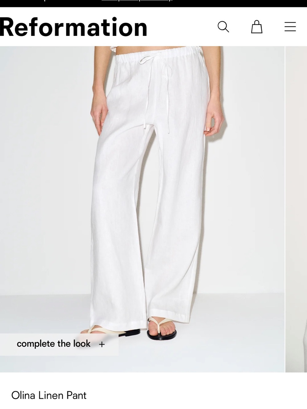 Reformation White Wide-Leg Linen Pants with Drawstring